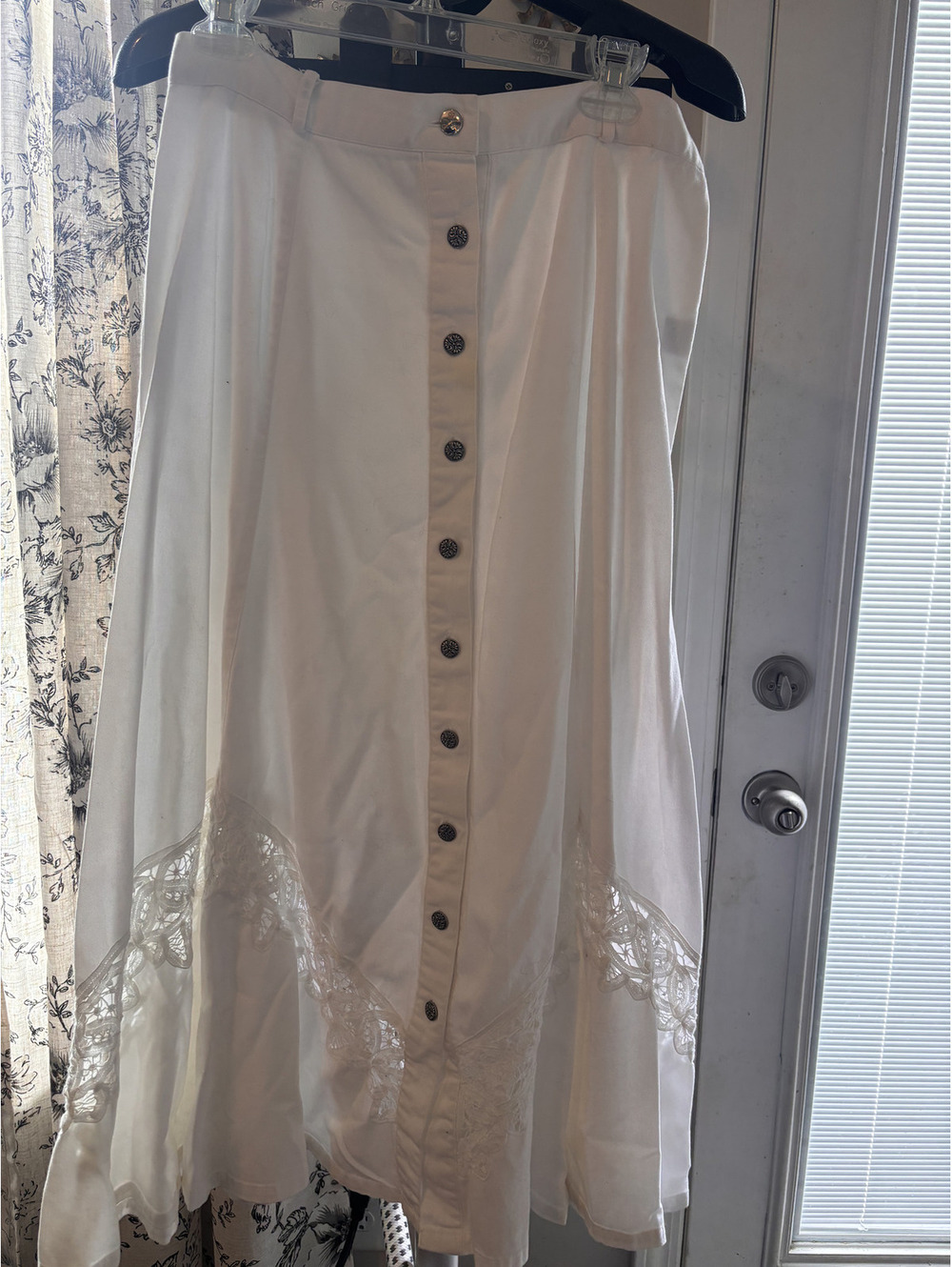 White Western Prairie Midi Skirt Lace Button Front Cotton